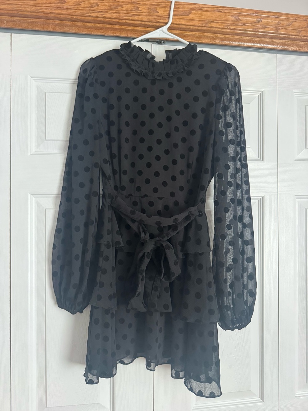 Forever 21 Black Polka Dot Ruffle Neck Long Sleeve Dress